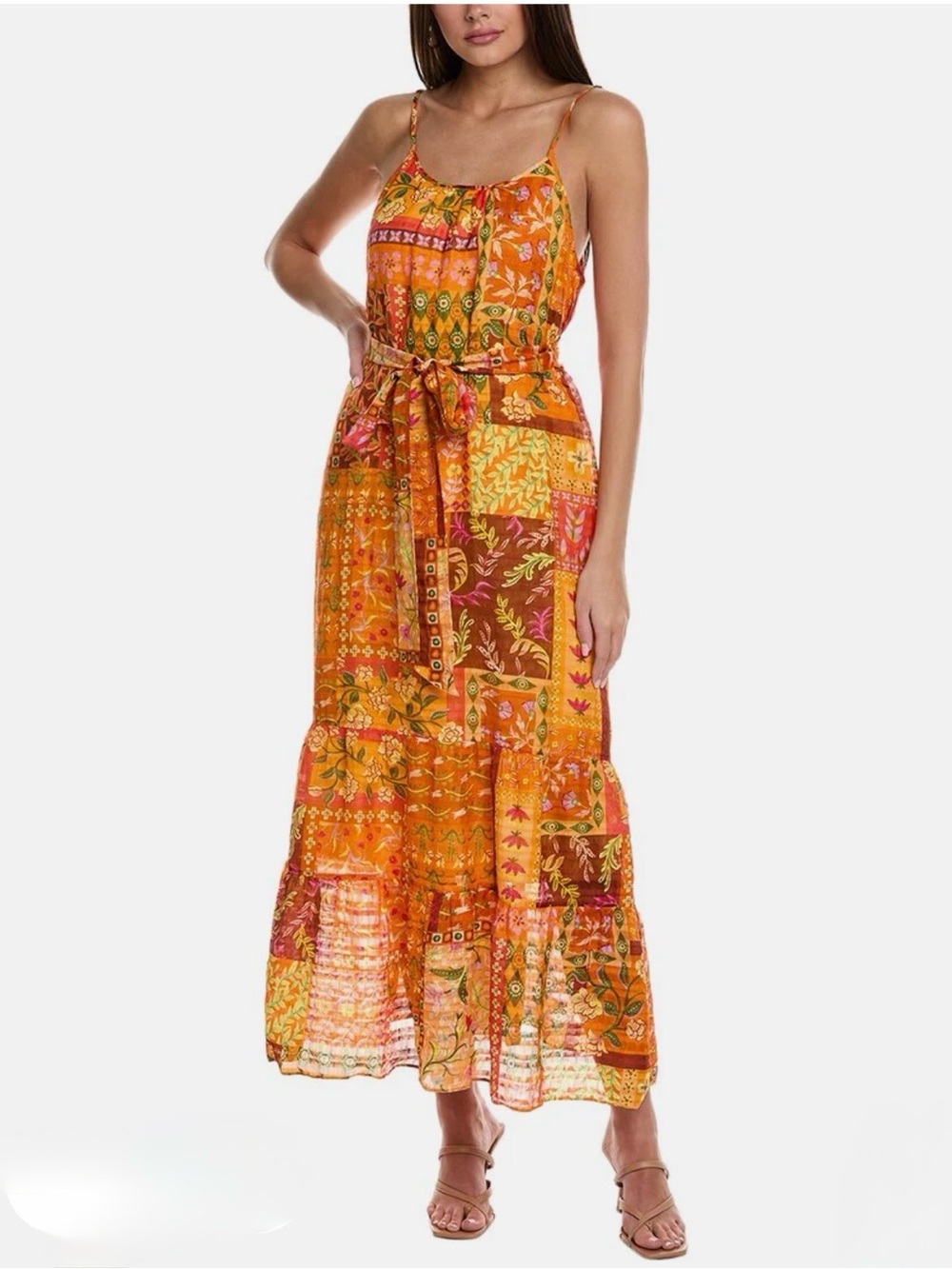 Marie Oliver Kinley Linen-Blend Patchwork Maxi Dress with Tie Waist